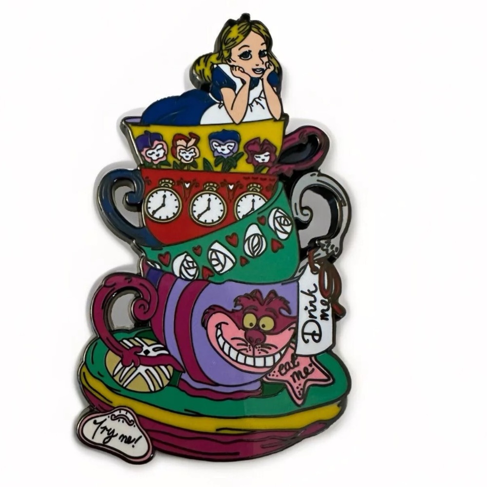 Disney Fantasy Pin Alice in Wonderland Teacups Cheshire Drink Me Try Me 3" Large